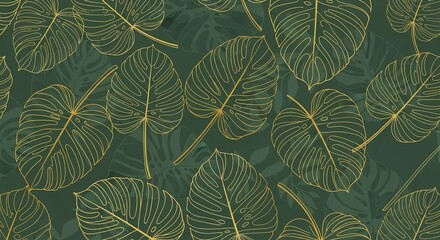 Elegant golden outline of monstera leaves on a deep green textured background, creating a lush botanical pattern.