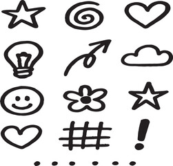 Hand drawn doodle icons featuring stars hearts and smileys