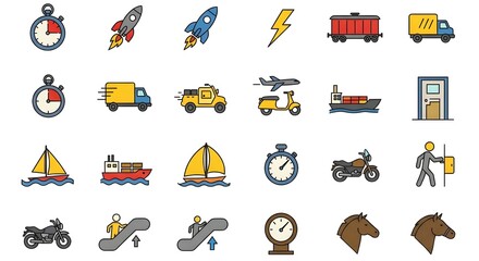 Bold Transportation Icons Grid Featuring Modern and Classic Travel Modes in Color