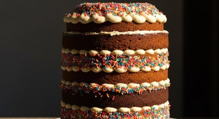 Tall, tiered cake with frosting and sprinkles, simple background, bright light