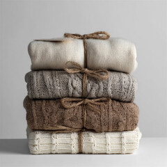 A minimalist stack of four cozy knitted sweaters tied with natural twine, placed against a neutral gray background. The earthy tones convey warmth, texture, and a handmade aesthetic.