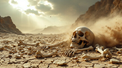 Fototapeta premium Valley of Dry Bones Biblical Scene Ezekiel 37 Panoramic Desert Landscape 4K