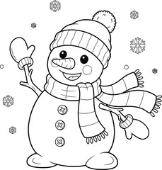 Cute Cartoon Snowman Waving with Scarf, Hat, and Mittens in Falling Snow - Festive Winter Holiday Vector Illustration for Coloring Book