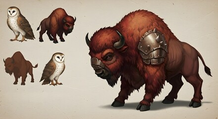 Anthropomorphic Minotaur Art Featuring Reddish-Brown Fur and Expressive Multiple Angles