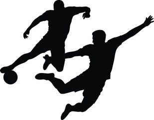 Soccer players silhouette, football action scene, dynamic sports movement, athletic jump kick, competitive match moment, black vector art, flat vector illustration