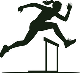 Athlete jumping over hurdle, track and field sport, silhouette action pose, dynamic movement, fitness training, competitive running, flat vector illustration