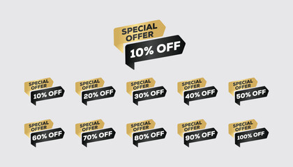 "Special offer 10% off discount sign, sale banner with text on boxes, product packaging, commercial advertisement, yellow and black minimalist vector illustration"