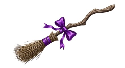 Witch's Broomstick with Purple Ribbon Bow Illustration