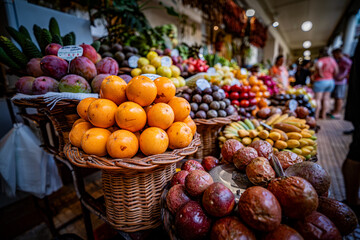 Colorful display of exotic fruits at the Mercado dos Lavradores, the central market of Funchal, Madeira.