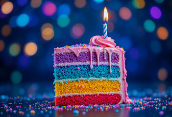 Colorful layered cake slice topped with candle and sprinkles against bokeh lights. Ideal for party, birthday, and celebration themes.