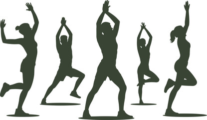 Group yoga silhouette, fitness poses vector, healthy lifestyle illustration, balance and flexibility concept, mindfulness exercise, flat vector illustration
