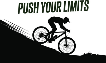 Mountain biking silhouette, downhill rider, extreme sport action, push your limits, outdoor adventure, flat vector illustration, speed, motion, challenge, determination