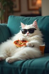  A photorealistic image of a fluffy white cat wearing black sunglasses, lounging on a teal couch in a relaxed pose, holding a TV remote, with a small pizza resting on its belly and a glass of beer or 