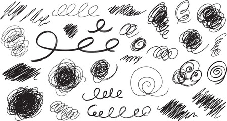 Obraz premium Set of Hand-Drawn Scribble, Hatching, and Spiral Elements for Energy, Abstract Texture, and Rough Sketch Design Graphics
