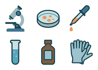 Science lab equipment icons featuring microscope, petri dish, dropper, test tube, bottle, gloves