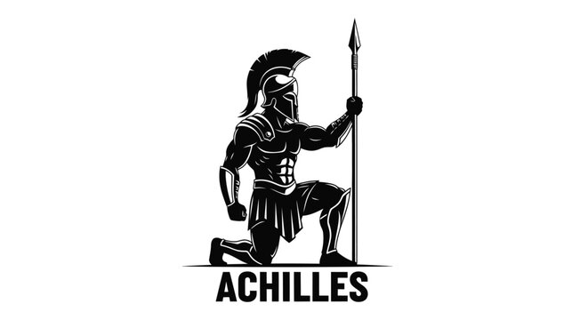 Black and white illustration of achilles kneeling with a spear