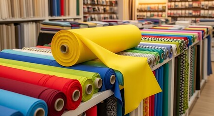 A vibrant assortment of colorful fabric rolls on display in a textile store, with a bright yellow bolt unspooled in the foreground