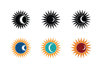 Set of sun and moon vector illustration, black and colorful versions on a plain white square.