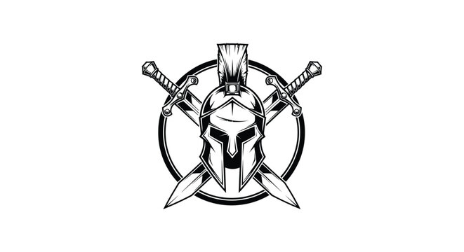 Spartan helmet with crossed swords emblem in black and white design