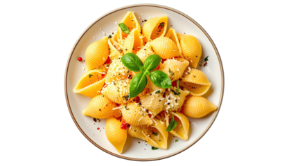 Overhead view of a plate of cooked pasta shells, topped with a tomato sauce, grated cheese, and fresh basil