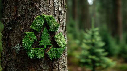 Recycling symbol over a backdrop of lush trees, representing ecological sustainability, nature conservation, and the responsible reuse of natural resources