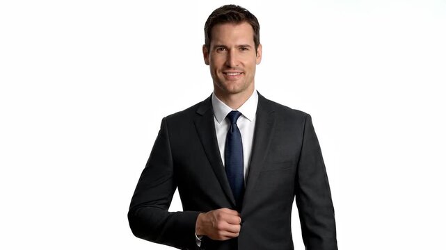 A man in a suit stands confidently while the man adjusts his tie in the suit. The white background highlights the man's professional appearance in the suit and tie.