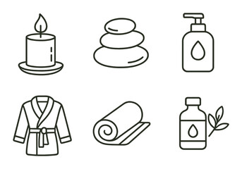 Spa symbols: candle, stones, lotion, robe, towel, oil on wooden background