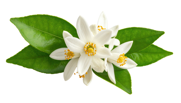 Close-up of blossoms and leaves.  Fresh, white flowers clustered with vibrant green leaves.  Brightly lit, isolated on black