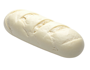 Single loaf of light beige bread, oblong shape, three visible, shallow cuts