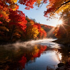 A scenic view of a river during autumn with colorful trees and fog illuminated by the morning sunlight