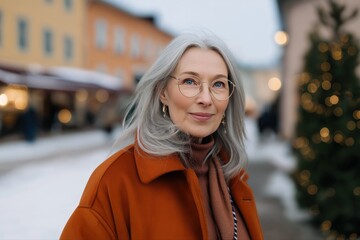 Fototapeta premium Elderly caucasian female with gray hair and glasses strolls through festive winter market