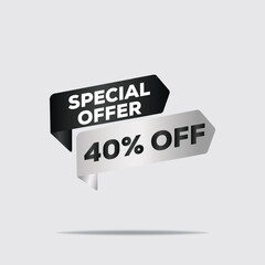 "3D rendered minimalist modern floating block, 40% off special offer, black and white design with neon sign effect on simple background"