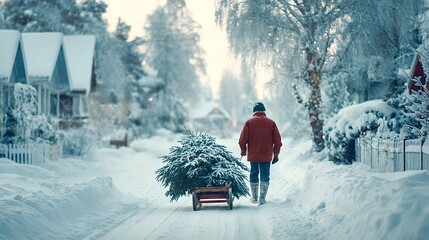 Person pulling christmas tree through snowy village street