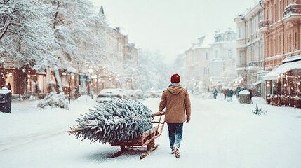 Man pulling christmas tree on sled in snowy city