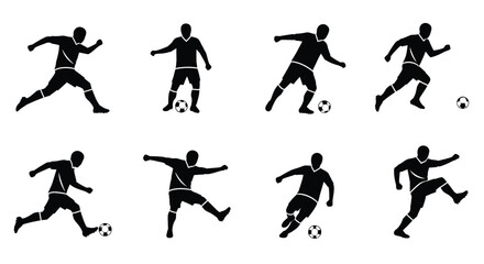 Silhouettes of soccer players in dynamic running and kicking poses