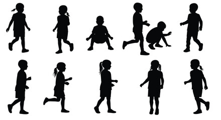 Silhouettes of children playing and running in a variety of poses