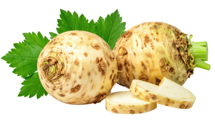 Two celery root vegetables, one whole and one sliced, with fresh green leaves