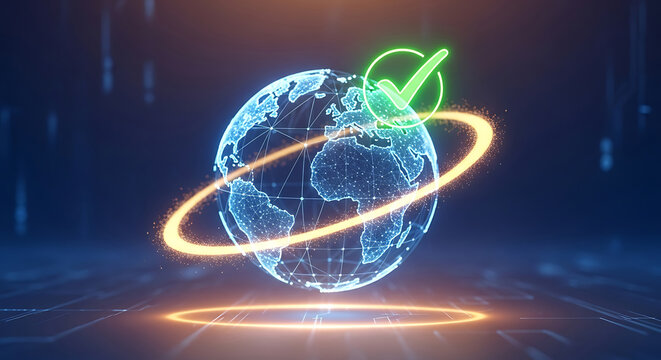 Digital Earth with Glowing Orbit and Green Check Mark globe technology - Powered by Adobe