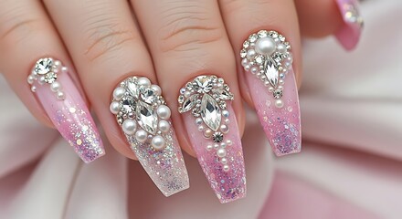 Elegant Coffin-Shaped Nails Adorned with Pearls and Rhinestones, Glitter Accents, and a Soft Pink Ombre Gradient