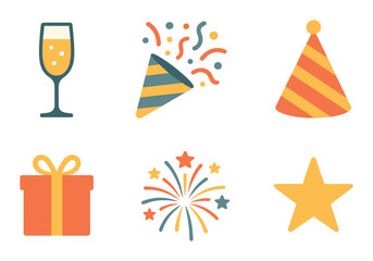 Festive icons: champagne glass, confetti, party hat, gift, fireworks, star