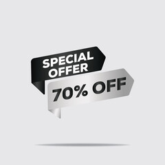 "3D floating text special offer, 70% off discount, dynamic lighting, dark background, minimalist modern design"