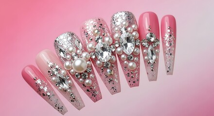 Elegant Pink Nail Art with Sparkling Gems and Pearls, A Fashion Statement