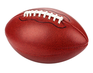 Close-up of a red American football.  Stitched leather ball,  showing texture and seams