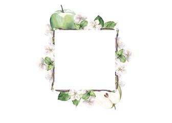 Square frame with green apples, leaves and flowers. Watercolor hand drawn illustration isolated on white background.