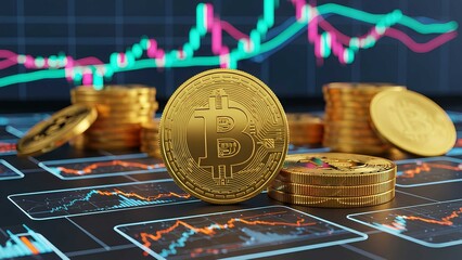 Bitcoin coin with glowing crypto chart on digital screen, symbolizing blockchain finance, currency trading, investment growth, and cryptocurrency market profit.
