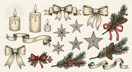 Hand drawn vintage christmas ornaments and festive decorations featuring candles stars and pine sprigs