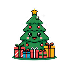 Cute Cartoon Christmas Tree with Gifts