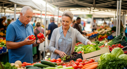 Senior couple man and woman shoppers choosing fresh vegetables at vegetable market