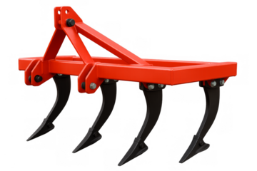 Red farm equipment cultivator plow on transparent background