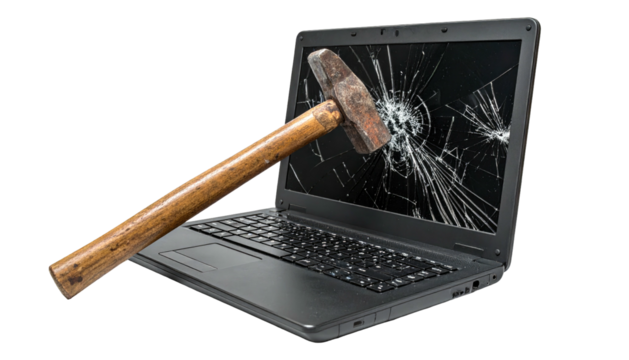 Shattered laptop screen, hit by a hammer